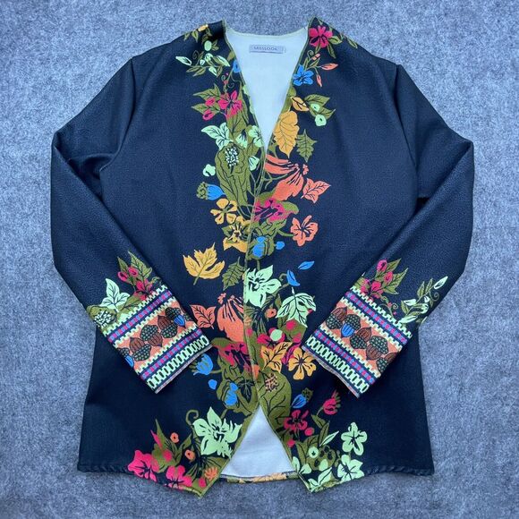 Misslook Cardigan Womens M/Large Black Autumn Leaves Open Fleece Cottage Grandma - Picture 1 of 6